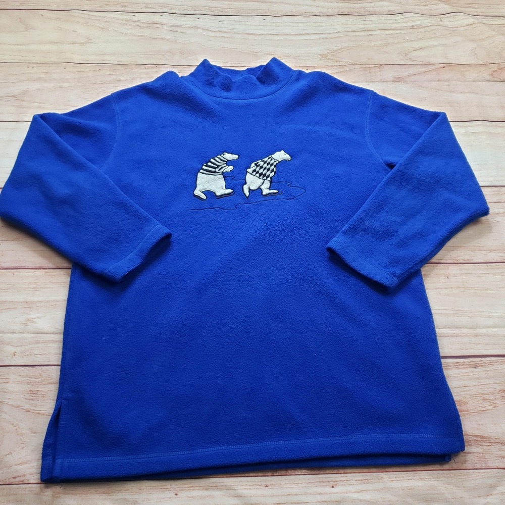 VINTAGE Polar Bears Ice Skating Sweater Womens Large Blue Tunic Mock Neck Fleece